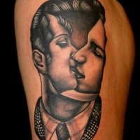 Unknown style painted colored faceless portrait tattoo on thigh