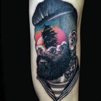 Unknown style painted faceless portrait stylized with ship tattoo on arm