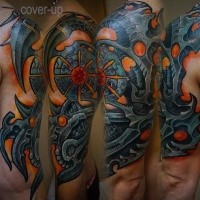 New school style colored shoulder tattoo of impressive alien technology
