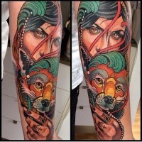 Illustrative style colored arm tattoo of woman with fantasy fox and jewelry