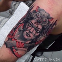 New school style colored shoulder tattoo of beautiful woman with axes and wolf helmet