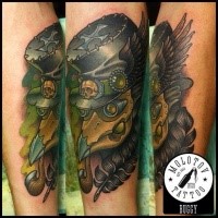 New school style colored forearm tattoo of fantasy plague doctor with feather