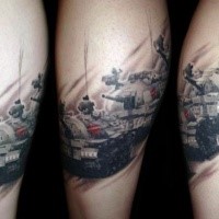 New school style colored leg tattoo of big modern tanks