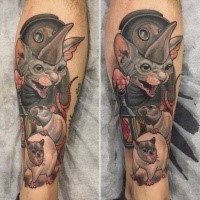 New school style colored leg tattoo of cat with plague doctors mask and rats