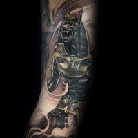 Illustrative style colored arm tattoo of angry Egypt God