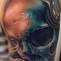 New school style colored shoulder tattoo of human skull with headset