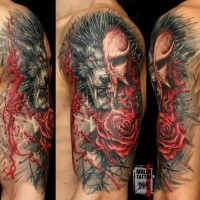 Illustrative style colored shoulder tattoo of demonic wolf with rose