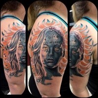 Illustrative style colored shoulder tattoo of woman face with symbols