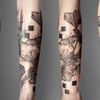 Illustrative style colored arm tattoo of big flowers