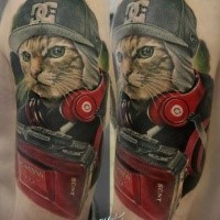 New school style colored shoulder tattoo of cool cat with hat and headset