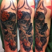 New school style colored shoulder tattoo of woman with horns and flowers