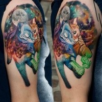 New school style colored shoulder tattoo of space cat