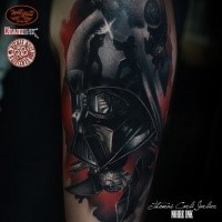 Illustrative style colored shoulder tattoo of Darth Vader's helmet with space ship