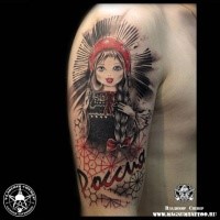 Illustrative style colored shoulder tattoo of beautiful girl with lettering