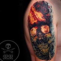 Illustrative style colored shoulder tattoo of burning human skull