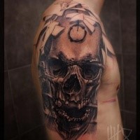 Illustrative style colored shoulder tattoo of human skull with ornaments