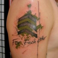 New school style colored shoulder tattoo of military badge with lettering