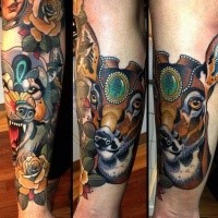 New school style colored leg tattoo of saint deer with flowers