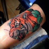 Tatuagem de braço colorido estilo escola nova de grande cabeça de tigre