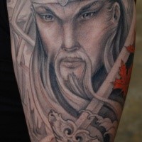 Illustrative style colored shoulder tattoo of Asian warrior