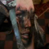 New school style colored forearm tattoo of corrupted woman face