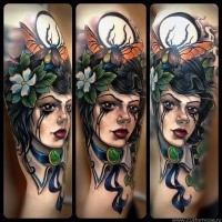 New school style colored shoulder tattoo of beautiful woman with bugs and flowers
