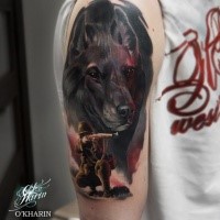 Illustrative style colored shoulder tattoo of war dog with soldier
