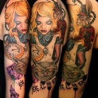 Illustrative style colored shoulder tattoo of creepy Alice with monsters and clock