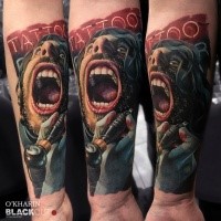 New school style colored forearm tattoo of screaming man with lettering