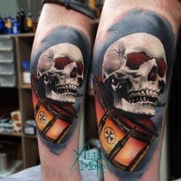 New school style colored arm tattoo of human skull with drums