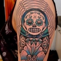 Illustrative style colored shoulder tattoo of creepy Matryoska doll with jewelry