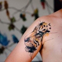 New school style colored shoulder tattoo of tiger head