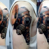New school style colored shoulder tattoo of mechanical gas mask