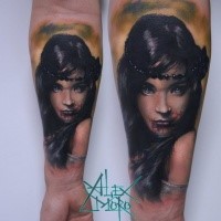 New school style colored forearm tattoo of bloody woman face