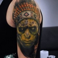 Illustrative style colored shoulder tattoo of creepy Indian zombie chief