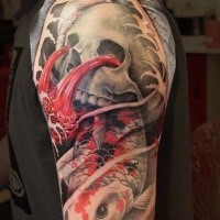 New school style colored shoulder tattoo of human skull with carp fish