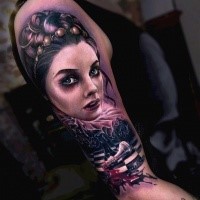New school style colored shoulder tattoo of of woman portrait with bloody chess
