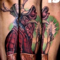 New school style colored arm tattoo of human like hen with lettering and knife