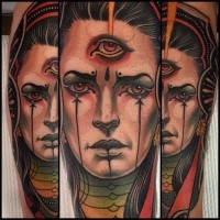 New school style colored arm tattoo of magical woman with third eye