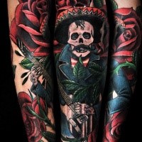 Illustrative style colored arm tattoo of Mexican musician with hat and roses