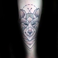 Illustrative style colored arm tattoo of wolf head with crossed arrows