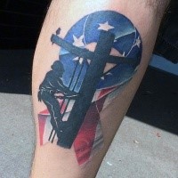 New school style colored leg tattoo of lineman with American flag