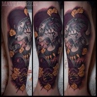 New school style colored leg tattoo of white tiger with leaves