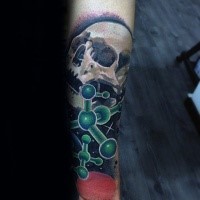 New school style colored forearm tattoo of human skull in space