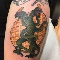 Illustrative style colored shoulder tattoo of fantasy dragon