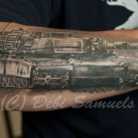 Illustrative style colored arm tattoo of big modern tank