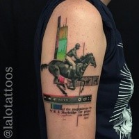New school style colored shoulder tattoo of horse rider with lettering