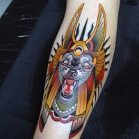 New school style colored forearm tattoo of Egypt Dog