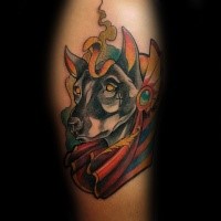 New school style colored arm tattoo of big mystical dog with Egypt symbols