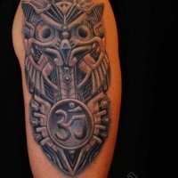 Illustrative style colored shoulder tattoo of Hinduism statue